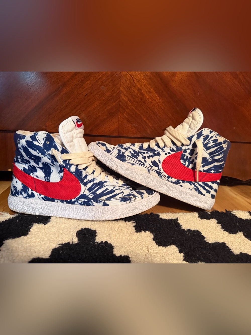 Nike Kids Blue Tie-Dye High-Top Sneakers with Red Swoosh
